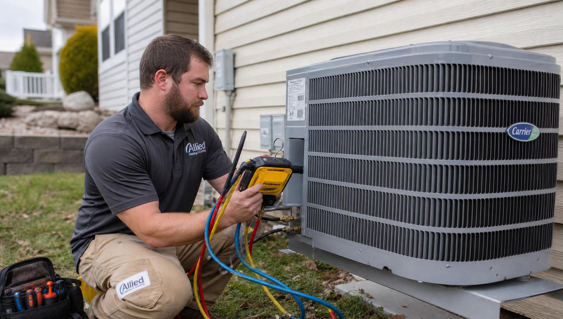 HVAC technician servicing an outdoor AC condenser at a home